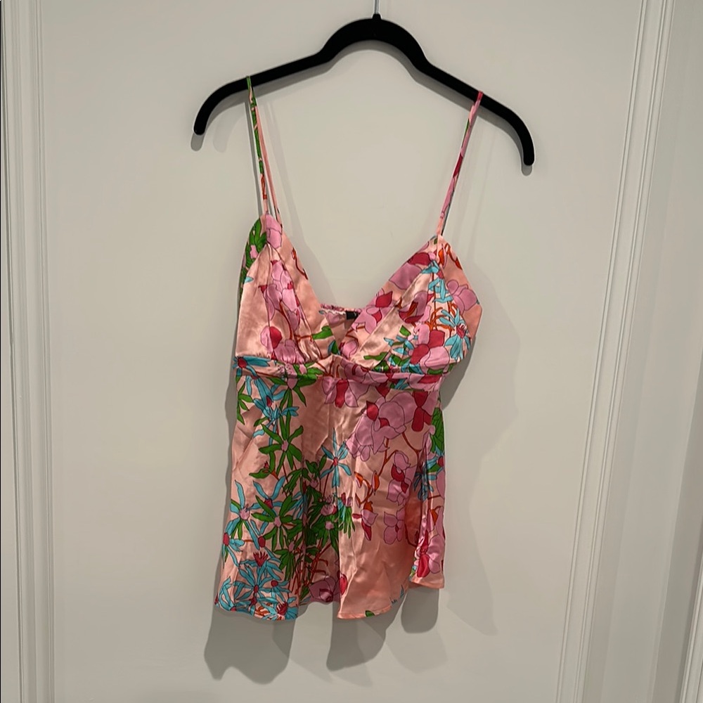 Silk Floral Pink and Green Spaghetti Strap Top